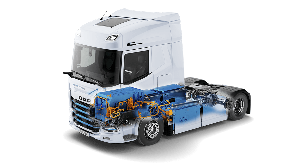 Cutaway of a truck showing engine and electrical systems